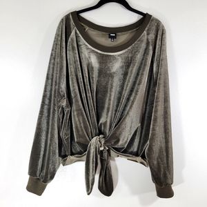 NUDE APPAREL CO. olive green velour front knot round neck pullover sweatshirt